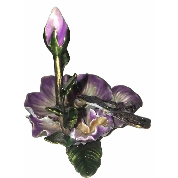 Dragonfly & Flower Ringholder Tray Trinket Enamel Over Heavy Metal With Crystals - Picture 3 of 8